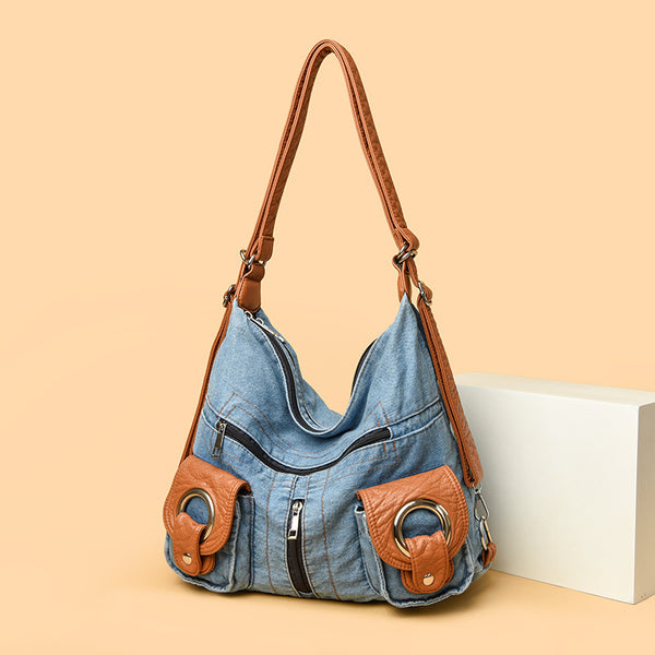 vintage washed denim hobo shoulder bag product view 4