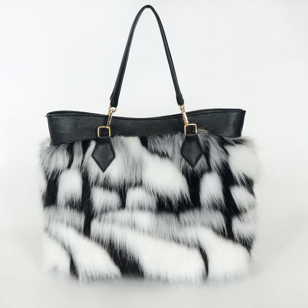 Colorblock Faux Fur Plush Large Capacity Tote Bag
