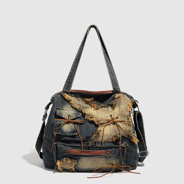 Vintage Washed Denim Shoulder Tote Bag styled for everyday outfits