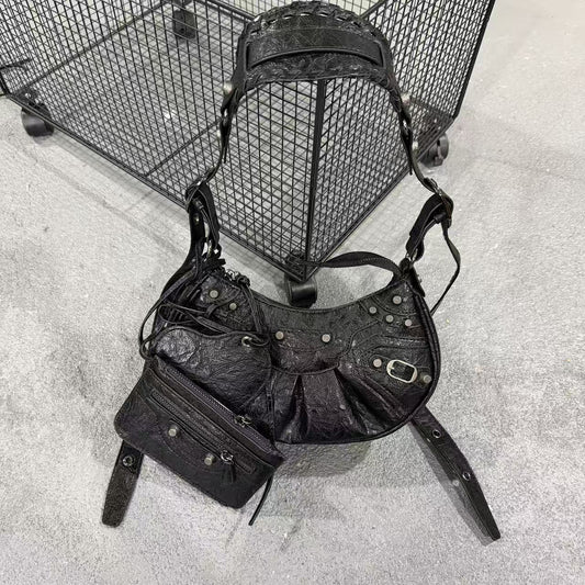 Studded Mesh Vintage Crescent Shoulder Bag by EuroChic Tote