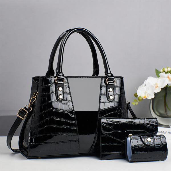 Elegant Crocodile-Embossed 3-Piece Handbag Set with Shoulder Bag and Wallet