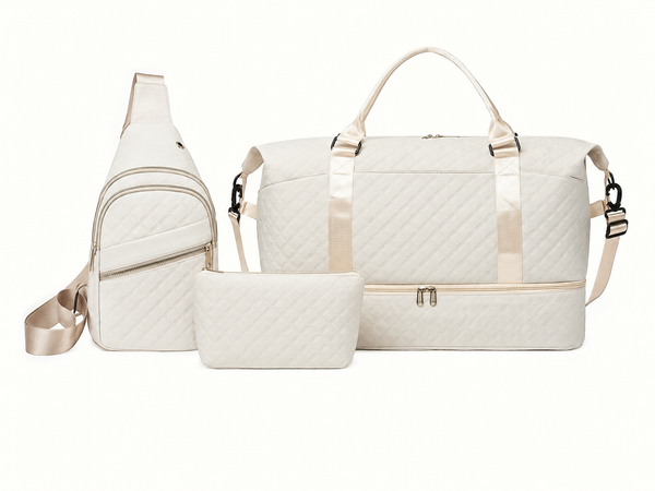 3-Piece Quilted Travel Bag Set with Duffel Bag, Sling Backpack & Cosmetic Pouch