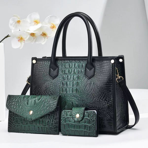 3-Piece Crocodile Embossed Tote Handbag Set with Clutch & Wallet