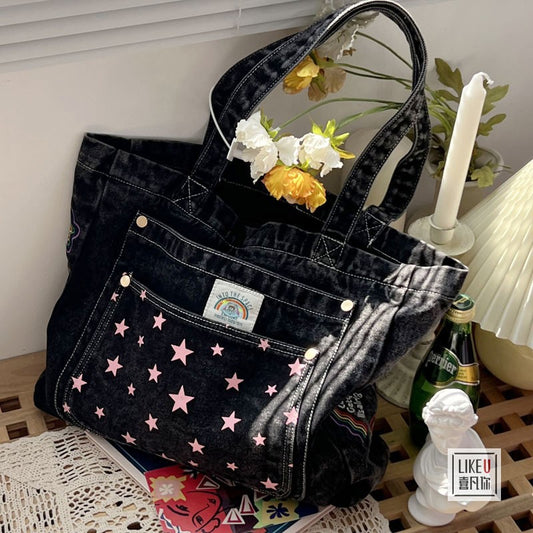 Heavy Embroidery Denim Canvas Tote Bag by EuroChic Tote
