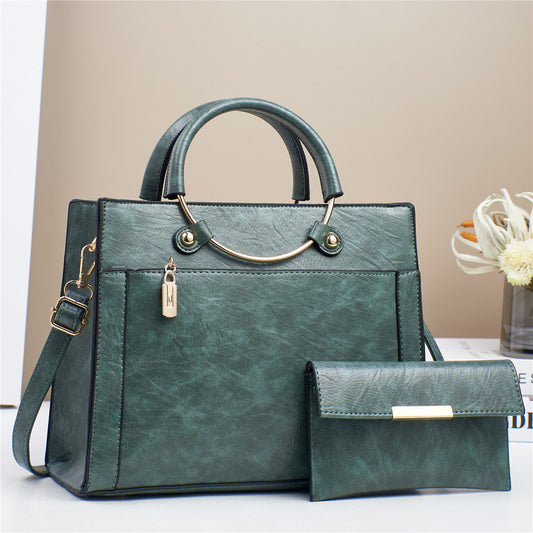 Green textured satchel and matching clutch set