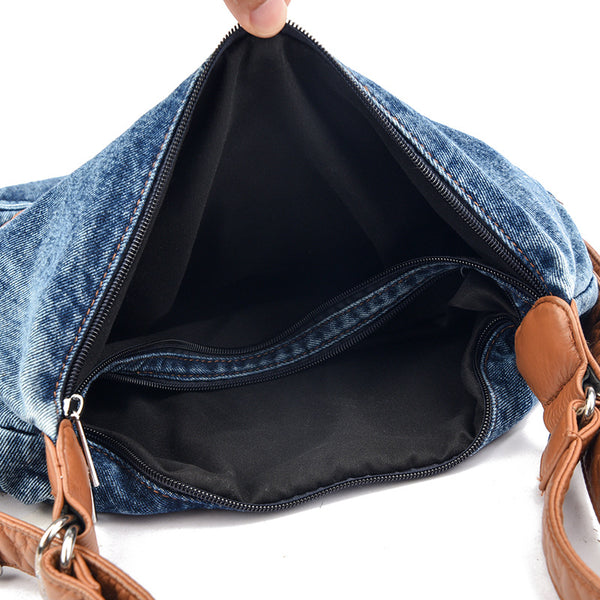 Vintage Washed Denim Hobo Shoulder Bag with Backpack Straps