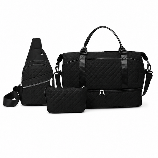 3-Piece Black Quilted Travel Bag Set with Duffel Bag, Sling Backpack & Cosmetic Pouch