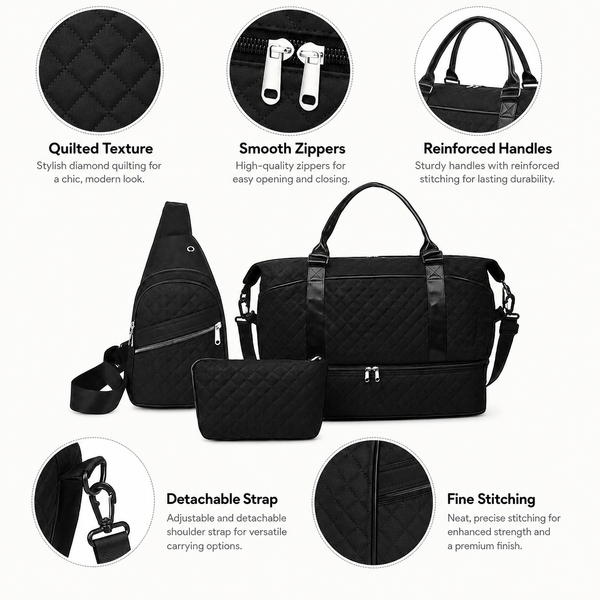 3-Piece Black Quilted Travel Bag Set with Duffel Bag, Sling Backpack & Cosmetic Pouch