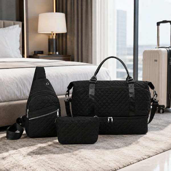 3-Piece Black Quilted Travel Bag Set with Duffel Bag, Sling Backpack & Cosmetic Pouch