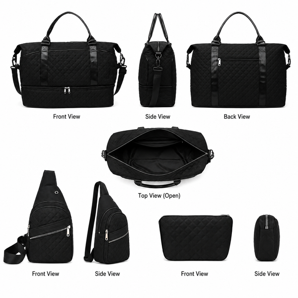 3-Piece Black Quilted Travel Bag Set with Duffel Bag, Sling Backpack & Cosmetic Pouch