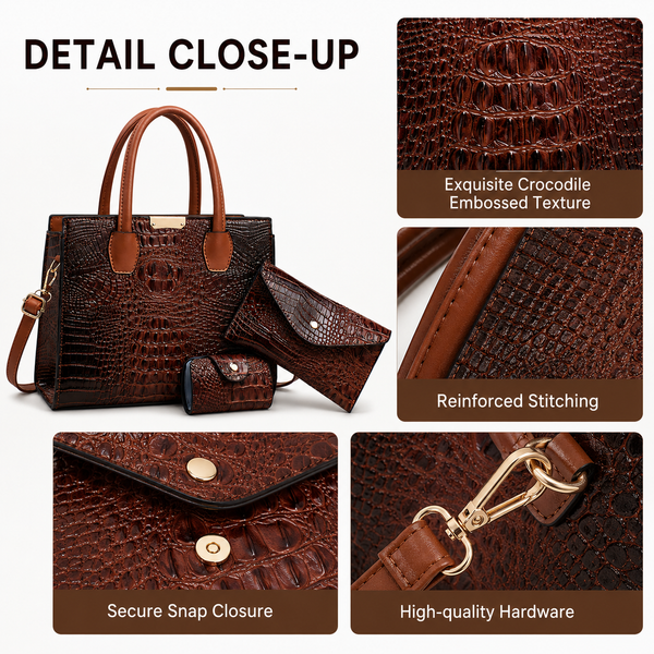 Luxury Crocodile Embossed 4-Piece Handbag Set – Elegant Tote Bag, Clutch Wallet, Coin Purse & Crossbody Bag for Women