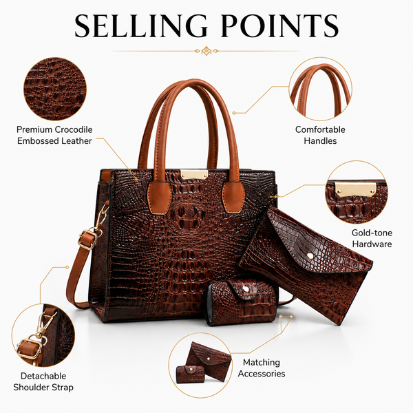 Luxury Crocodile Embossed 4-Piece Handbag Set – Elegant Tote Bag, Clutch Wallet, Coin Purse & Crossbody Bag for Women
