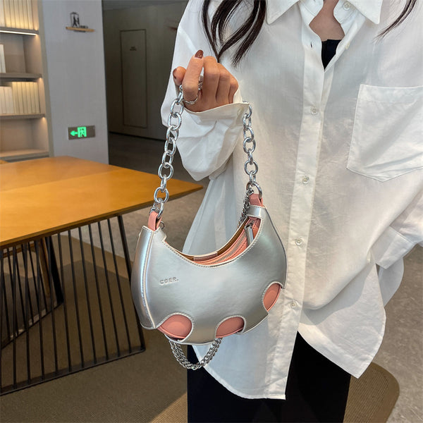 Chain Accent Leather-Look Crescent Bag