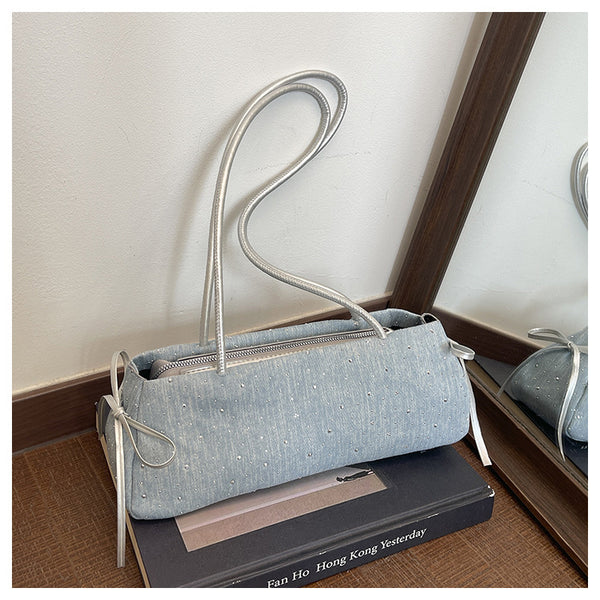 Korean Style Bow Accent Denim Shoulder Crossbody Bag product view 4 by EuroChic Tote