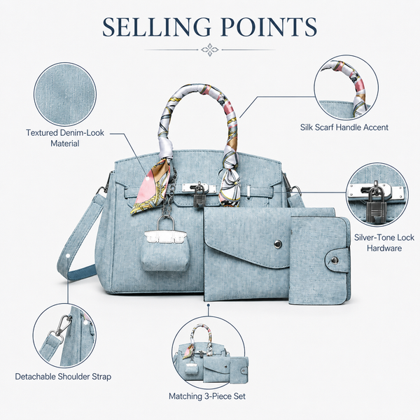 Denim-Texture 4-Piece Handbag Set with Scarf Handle & Matching Accessories