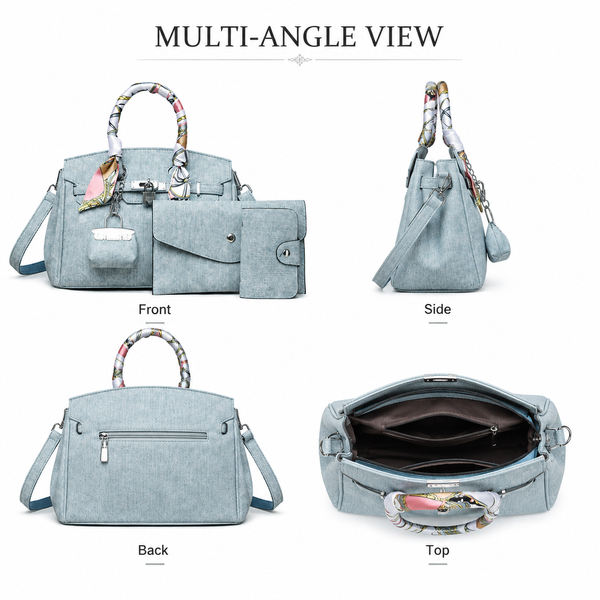 Denim-Texture 4-Piece Handbag Set with Scarf Handle & Matching Accessories
