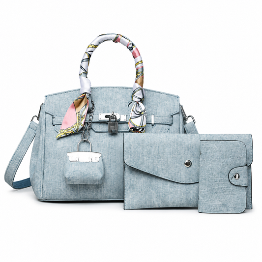 Denim-Texture 4-Piece Handbag Set with Scarf Handle & Matching Accessories