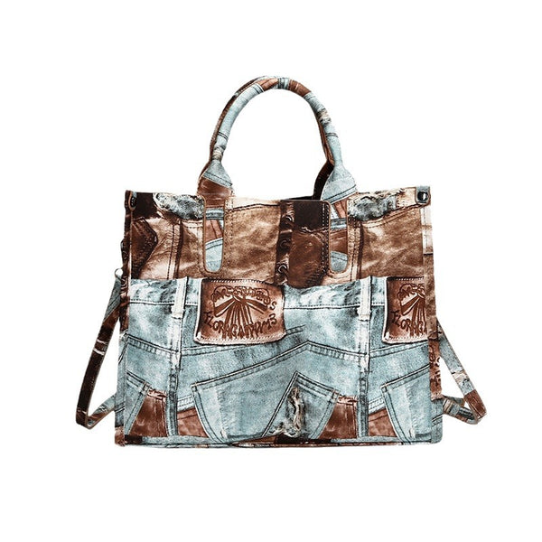 Denim Patchwork Satchel Bag with Crossbody Strap