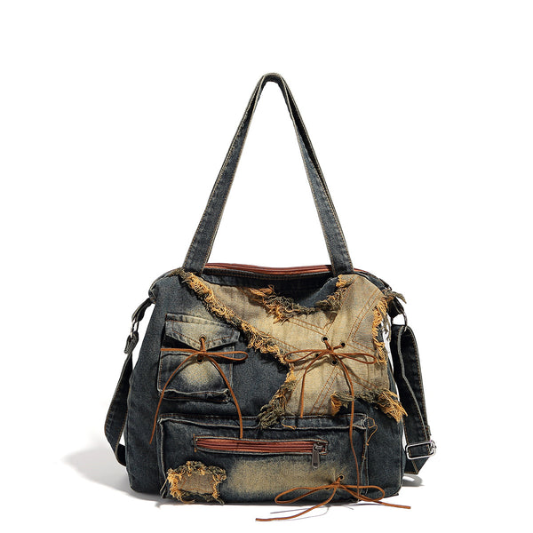 Vintage Washed Denim Shoulder Tote Bag