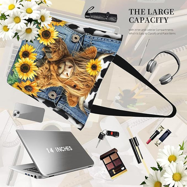 Large capacity graphic tote bag interior and daily essentials layout