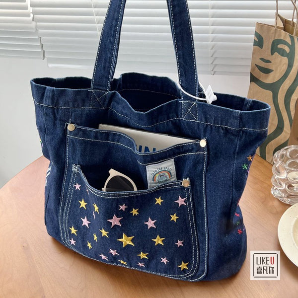 Heavy Embroidery Denim Canvas Tote Bag product view 3 by EuroChic Tote