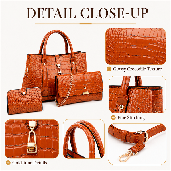 Crocodile Embossed 3-Piece Handbag Set detail view with coordinated accessories