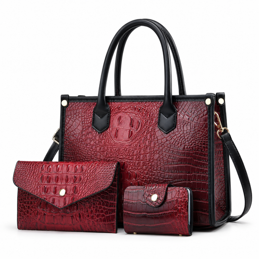 3-Piece Crocodile Embossed Tote Handbag Set with Clutch & Wallet