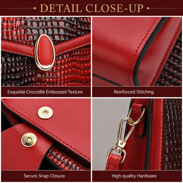 Red crocodile textured handbag set for women on white background