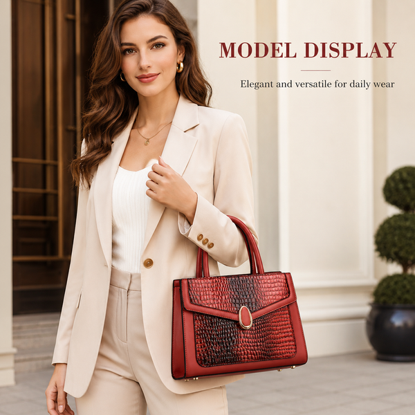 Red Crocodile Embossed 3-Piece Handbag Set with Tote, Shoulder Bag & Wallet