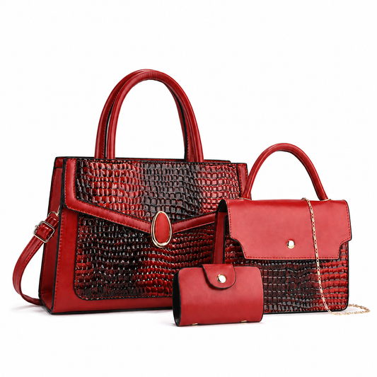 Red crocodile embossed 3-piece handbag set with tote, shoulder bag and wallet