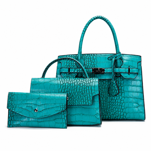 Turquoise Crocodile-Embossed 3-Piece Handbag Set